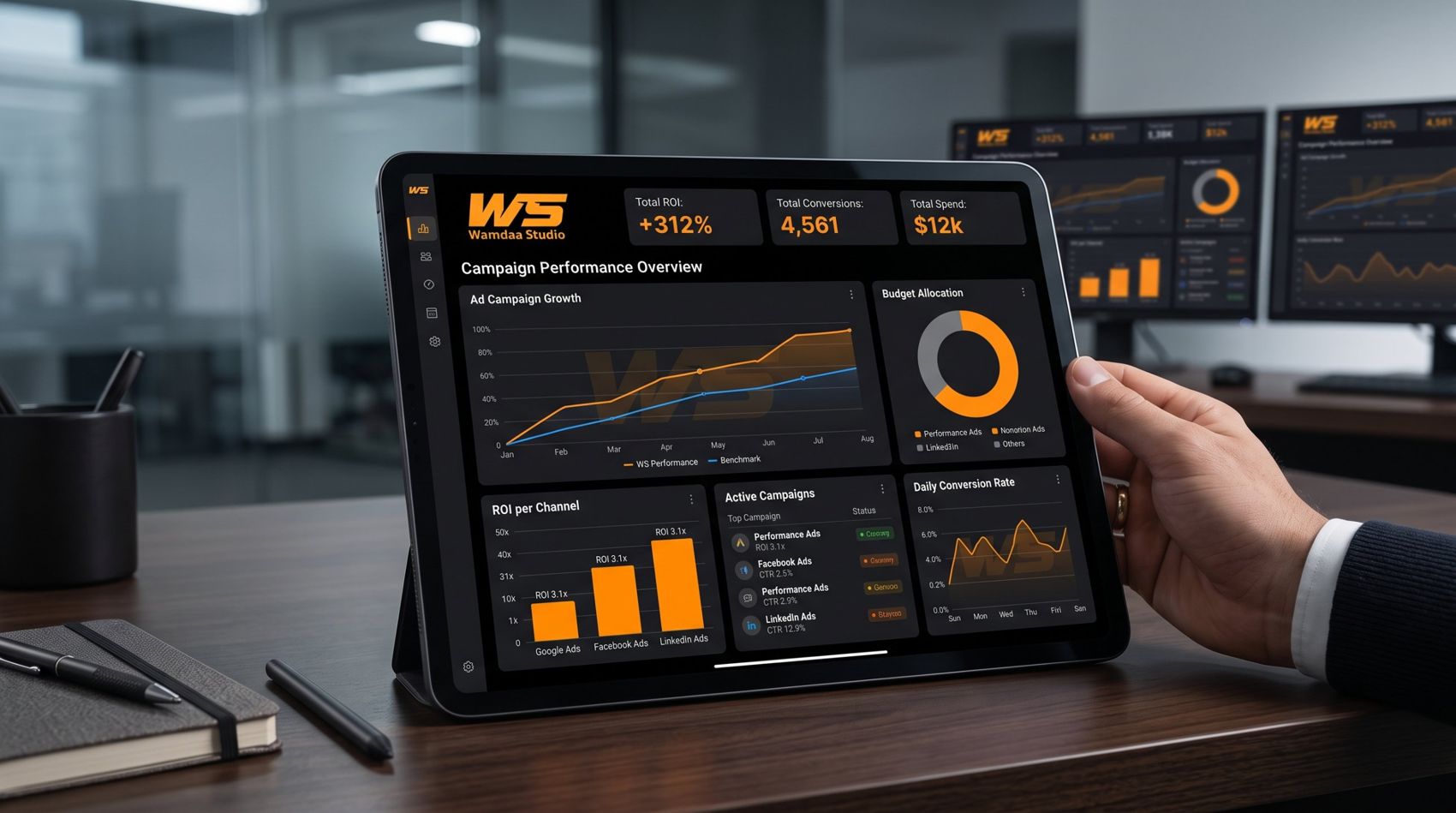 Campaign performance dashboard on a tablet showing ROI, conversions and spend