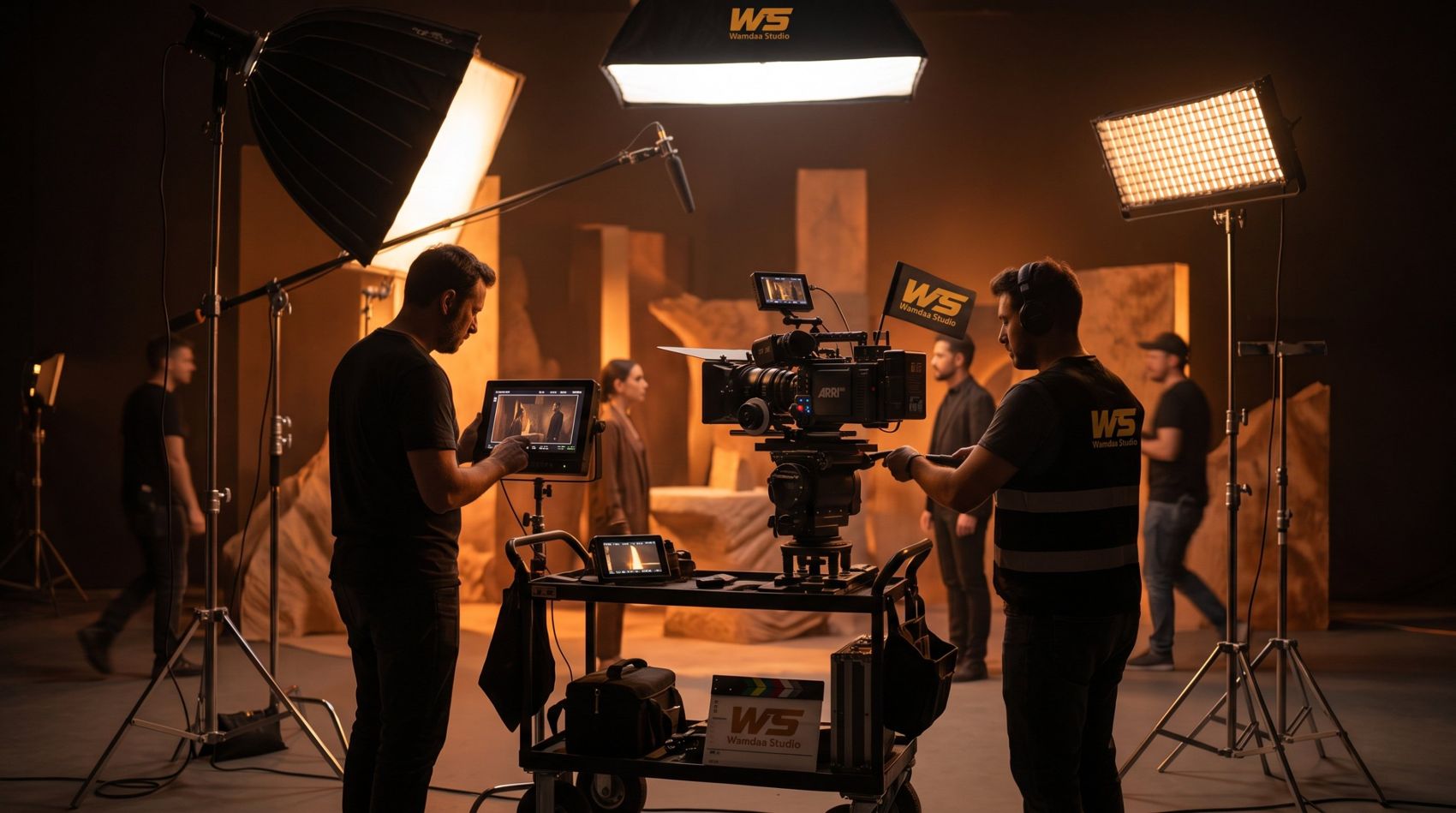 Wamdaa Studio crew on set with softbox lighting, a cinema camera and a monitor